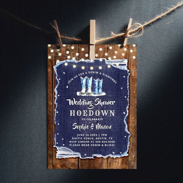Denim Diamonds Rustic Cowboy Bröllop Möhippa Inbjudningar (denim and diamonds bridal wedding shower invitation rustic wood board lights hoedown white blue)
