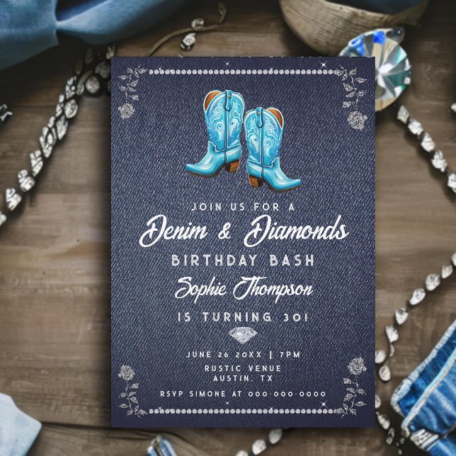 Denim Diamonds Rustic Cowgirl Boots Födelsedagsfes Inbjudningar (denim diamonds birthday party for women rustic glam blue cowgirl boots elegant classy bling roses)