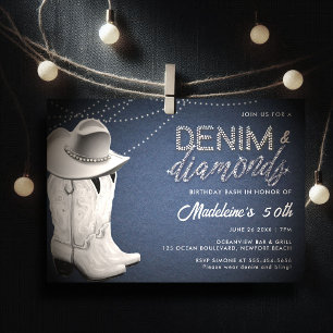 Denim Diamonds Rustic Glam Hat Boots 50:e födelsed Inbjudningar