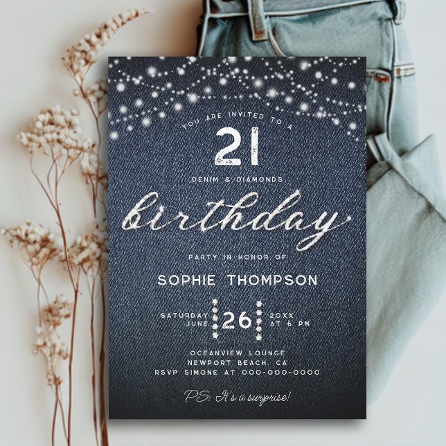 Denim Diamonds Rustic Ljus 21:a födelsedagen Inbjudningar (RUSTIC LIGHTS 21ST BIRTHDAY INVITATION FOR WOMEN ELEGANT RHINESTONES CALLIGRAPHY BOHO GLITTER MODERN)