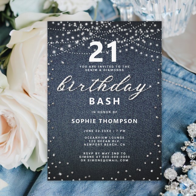Denim Diamonds Rustic Ljus 21:a födelsedagen Party Inbjudningar (denim and diamonds 21st birthday invitation for girls rustic lights simple modern classy elegant)