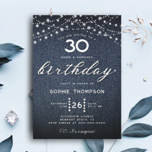 Denim Diamonds Rustic Ljus 30års födelsedag Party Inbjudningar