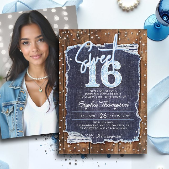Denim Diamonds Rustic Trä Elegant Foto Sweet 16 Inbjudningar (sweet 16 sixteen invitation denim diamonds blue white rustic wood bling elegant classy photo)