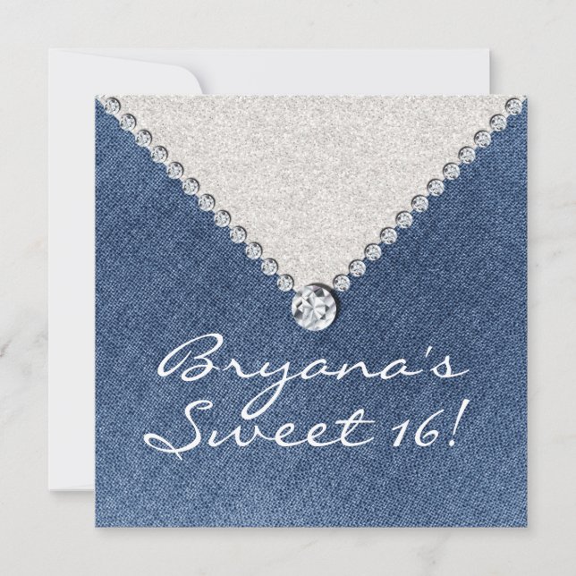 Denim Diamonds Silver Glitter Sweet 16:e inbjudan (Framsida)