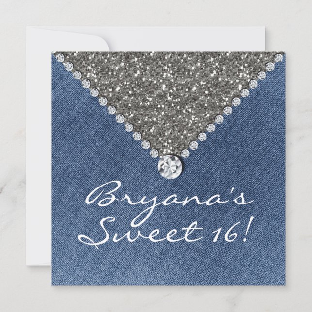 Denim Diamonds Silver Glitter Sweet 16-inbjudan Inbjudningar (Framsida)