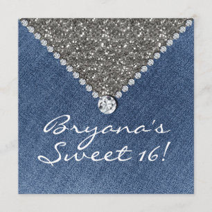 Denim Diamonds Silver Glitter Sweet 16-inbjudan Inbjudningar