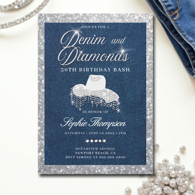 Denim Diamonds skript Bling 30års födelsedag Party Inbjudningar (denim and diamonds invitations 30th 50th sweet 16 elegant classy blue white bling script frame)