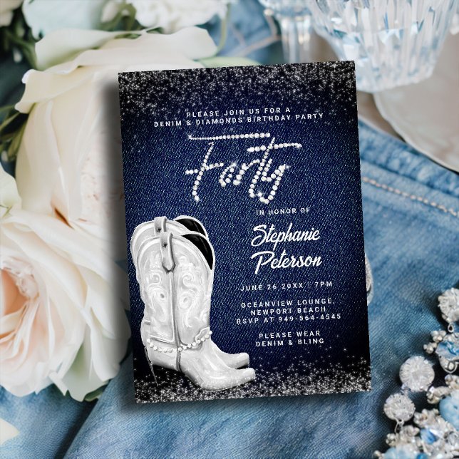 Denim Diamonds skript Cowgirl Boots 40:e födelseda Inbjudningar (denim and diamonds birthday party for women 40th classy bling cowboy cowgirl boots blue white rustic)