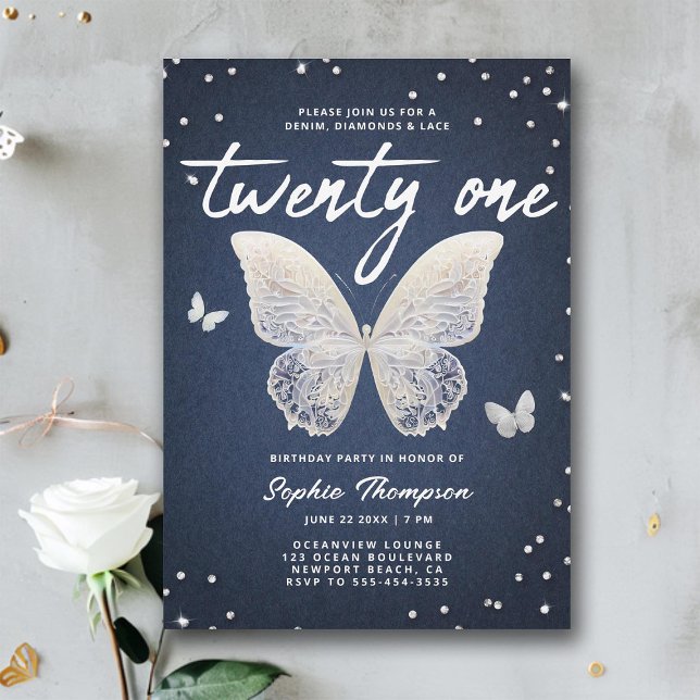 Denim Diamonds Snöre Butterfly Modern 21:a födelse Inbjudningar (denim diamonds lace 21st birthday invite for girls elegant modern classy chic rhinestones blue jeans)