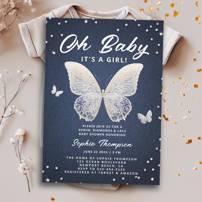 Denim Diamonds Snöre Butterfly Oh Flicka Shower Inbjudningar (denim diamonds lace baby girl shower invitation rhinestones butterflies elegant modern classy chic)