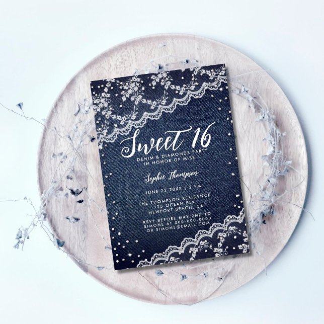 Denim Diamonds Snöre Sweet 16 Trendig Födelsedagsf Inbjudningar (Skapare uppladdad)