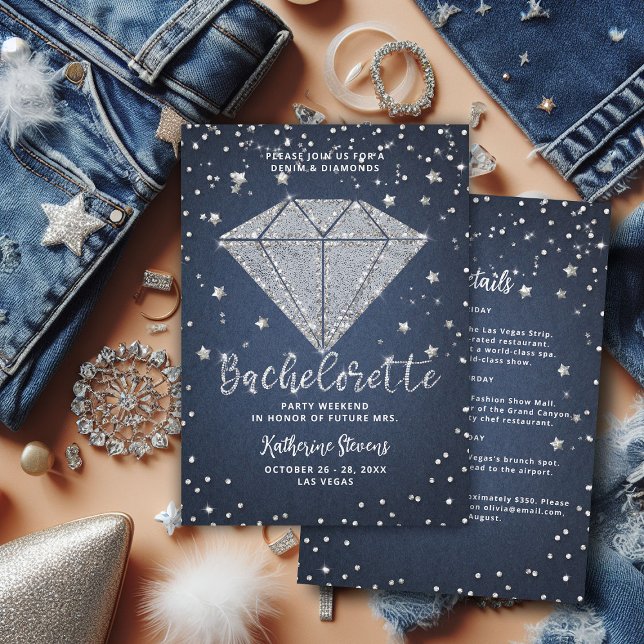 Denim Diamonds Stars Bachelorette Party Itinerary Inbjudningar (denim and diamonds bachelorette party itinerary invitation template elegant classy modern chic)