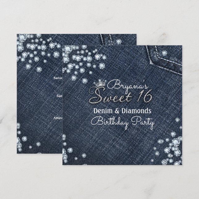 Denim & Diamonds Sweet 16 Kronfest Inbjudningar (Fram/baksida)
