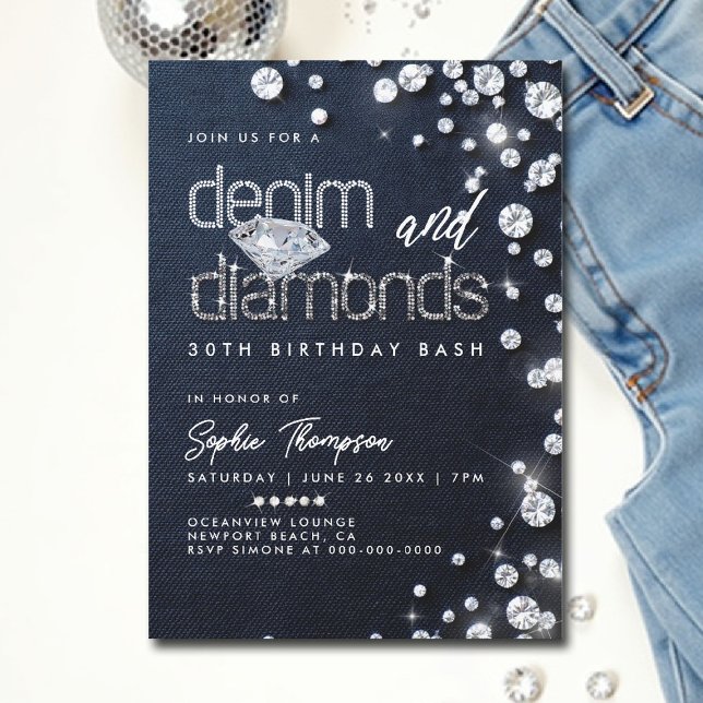 Denim Diamonds Theme Classy 30års födelsedag Party Inbjudningar (denim and diamonds invitations 30th 50th sweet 16 elegant classy bling template)