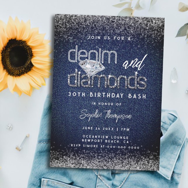 Denim Diamonds Typography Chic 30års födelsedag Pa Inbjudningar (elegant denim diamonds 30th birthday party invitation for women rhinestones frosting classy modern)