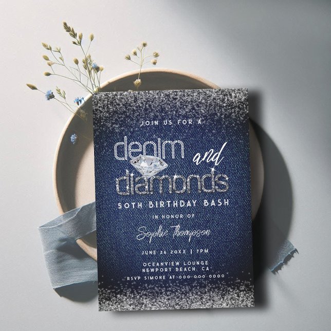 Denim Diamonds Typography-Chic 50:e Födelsedagsfes Inbjudningar (denim diamonds 50th birthday invitation for women elegant classy bling queen dramatic)