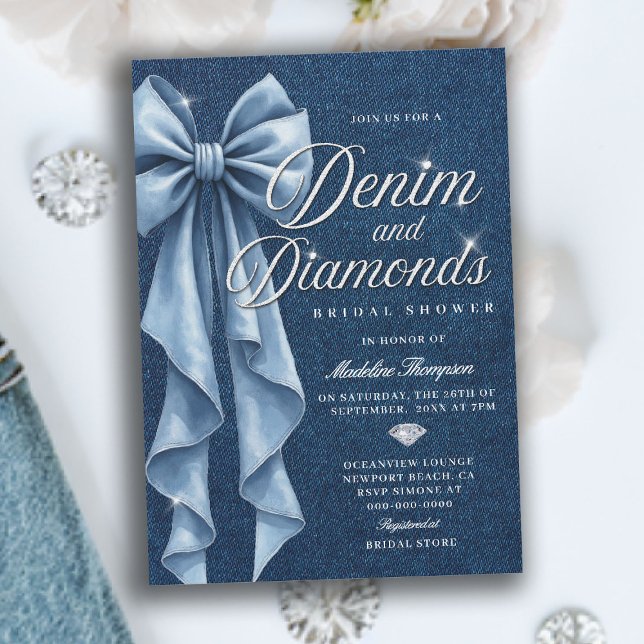 Denim Diamonds Vit Blå Rosett Bröllopsfest Inbjudningar (denim and diamonds bridal shower invitation blue white bow bling sparkles classy)