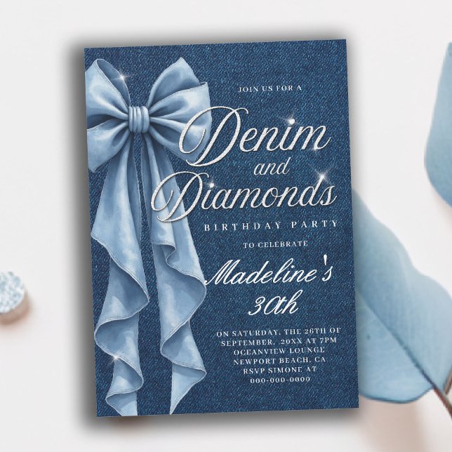 Denim Diamonds Vit Blå Rosett Glam 30-årsfirande Inbjudningar (denim and diamonds 30th birthday party invitation blue white coquette bow bling sparkles classy)