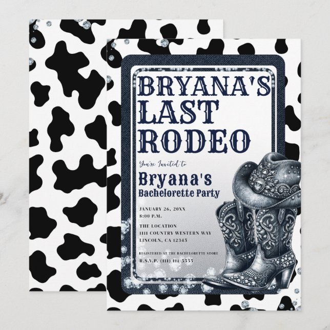 Denim & Diamonds Western Glam Cowgirl Last Rodeo Inbjudningar (Fram/baksida)