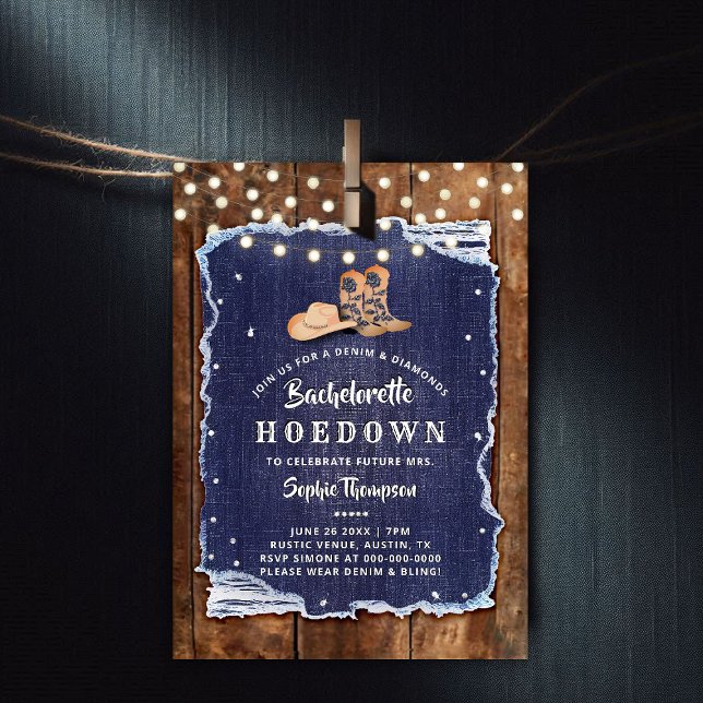 Denim Diamonds Westerna Rustic Hoedown Bachelorett Inbjudningar (denim and diamonds bachelorette party invitation rustic wood blue white cowgirl boots hat hoedown)