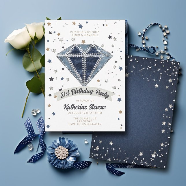Denim Diamonds White Blue Glitter 21:a födelsedage Inbjudningar (denim diamonds 21st birthday party invitation women white blue jeans rhinestones glitter stars class)