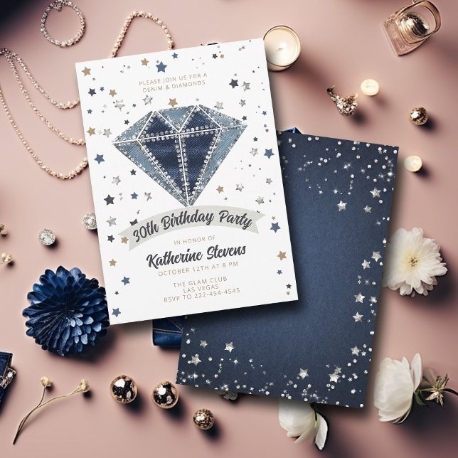 Denim Diamonds White Blue Glitter 30års födelsedag Inbjudningar (denim diamonds 30th birthday party invitation women white blue jeans rhinestones glitter star classy)