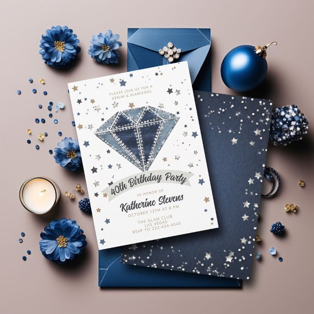 Denim Diamonds White Blue Glitter 40:e födelsedage Inbjudningar (denim diamonds 40th birthday party invitation women white blue jeans rhinestones glitter star classy)