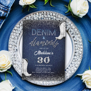 Denim Diamonds White Boots Brunch 30års födelsedag Inbjudningar