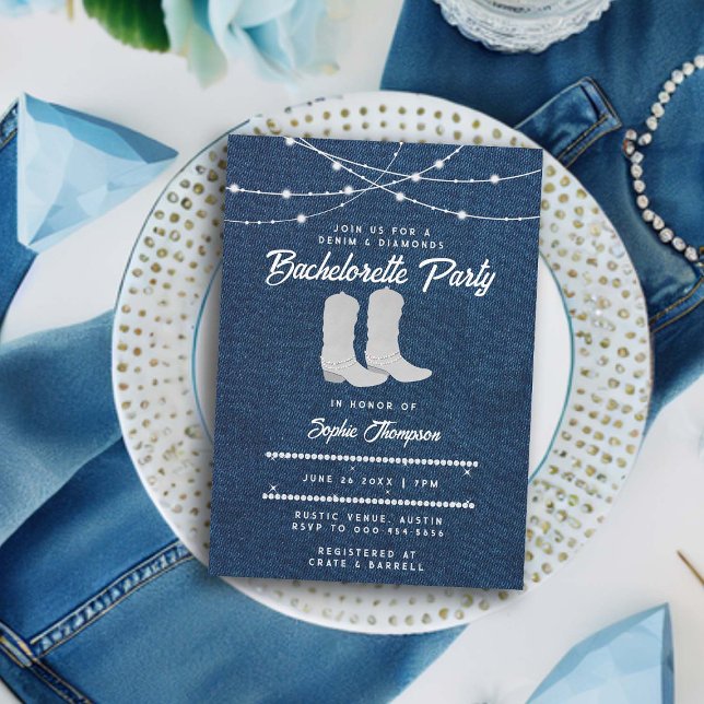 Denim Diamonds White Boots Ljus Bachelorette Inbjudningar (denim and diamonds bachelorette party invitation classy bling cowgirl boots western country elegant )