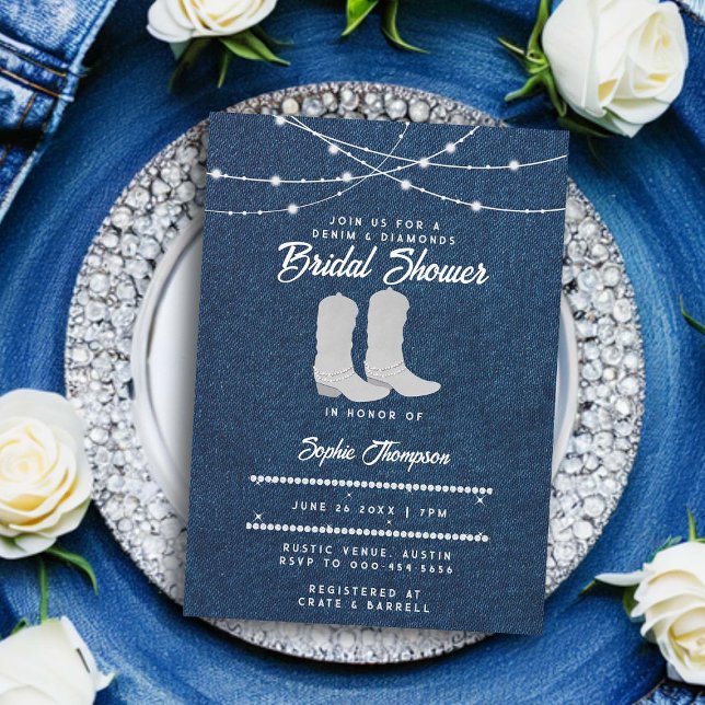 Denim Diamonds White Boots Ljus Möhippa Inbjudningar (denim and diamonds bridal shower invitation classy bling cowgirl boots string lights rustic chic)