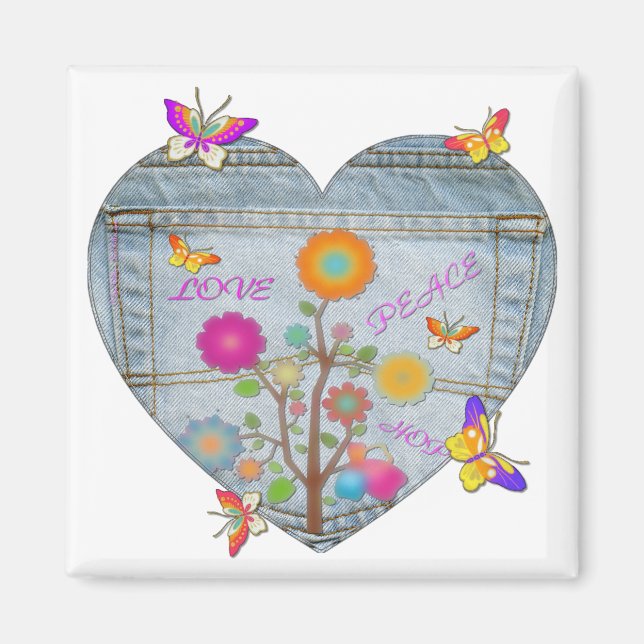 Denim Fick Hjärtan Blommor Fjärilar Magnet (Framsidan)