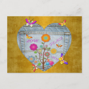 Denim ficka hjärta blommor fjärilar vykort