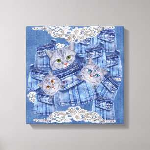 Denim ficka Jeans, Kittens och Snöre Canvastryck