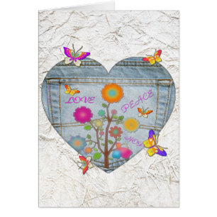 Denim Fickhjärta Blommor Fjärilar Kort