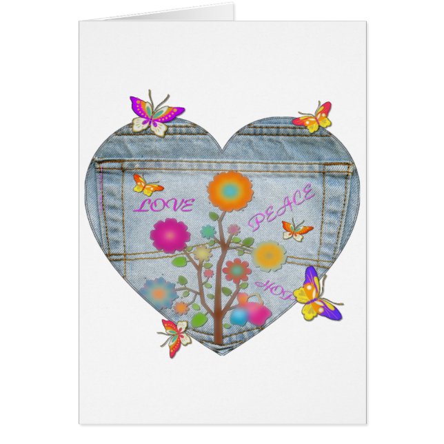Denim Fickhjärta Blommor Fjärilar Kort (Framsidan)