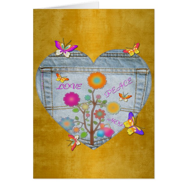 Denim Fickhjärta Blommor Fjärilar Kort (Framsidan)