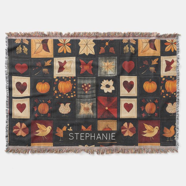 Denim Folk Art Quilt Mönster | Rustic Autumn Patch Filt (Framsidan)