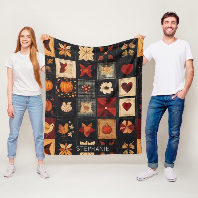 Denim Folk Art Quilt Mönster | Rustic Autumn Patch Fleecefilt (På plats)
