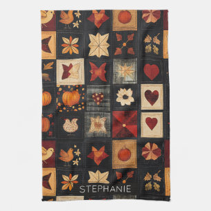 Denim Folk Art Quilt Mönster   Rustic Autumn Patch Kökshandduk