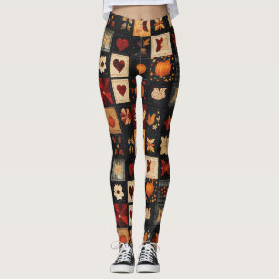 Denim Folk Art Quilt Mönster Rustic Autumn Patch Leggings