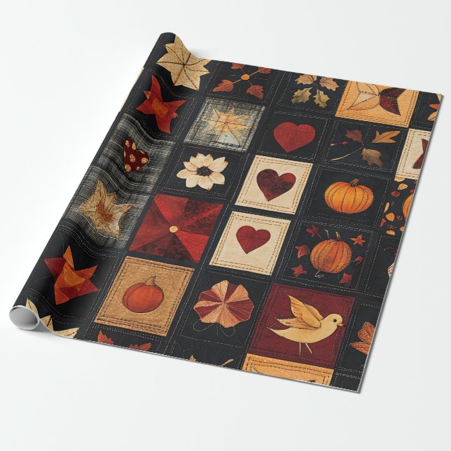 Denim Folk Art Quilt Mönster | Rustic Autumn Patch Presentpapper (Utrullad)