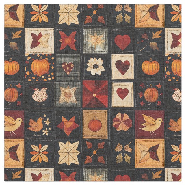 Denim Folk Art Quilt Mönster | Rustic Autumn Patch Tyg (Närbild)