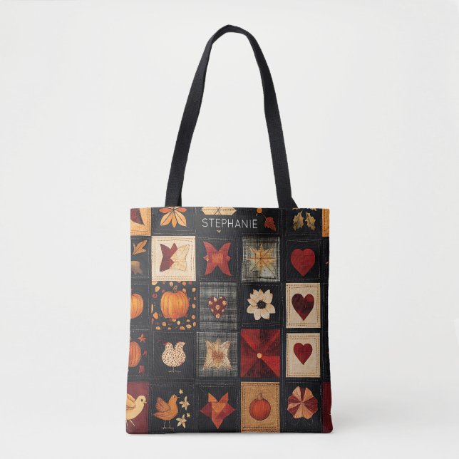 Denim Folk Art Quilt Mönster | Rustic Autumn Patch Tygkasse (Framsida)