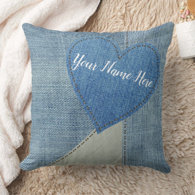 Denim Heart Patch Pillow Kudde (Filt)