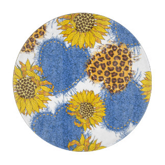 Denim Hearts Leopard Sunblommor Mönster