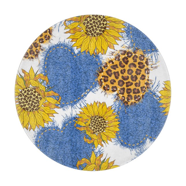 Denim Hearts Leopard Sunblommor Mönster (Framsidan)