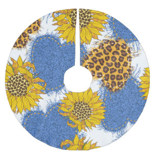 Denim Hearts Leopard Sunblommor Mönster Julgransmatta Borstad Polyester
