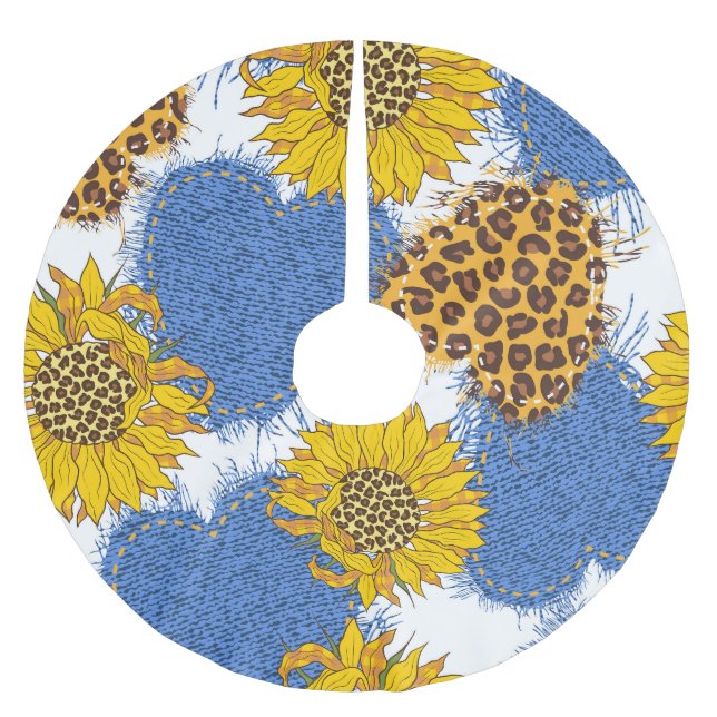 Denim Hearts Leopard Sunblommor Mönster Julgransmatta Borstad Polyester (Framsidan)