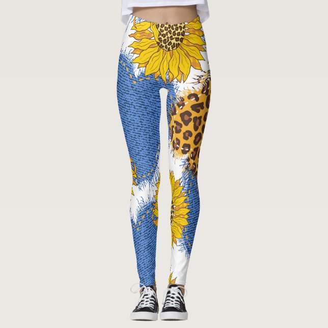 Denim Hearts Leopard Sunblommor Mönster Leggings (Framsida)