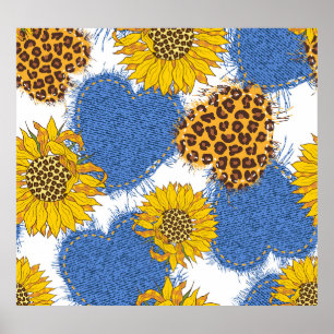 Denim Hearts Leopard Sunblommor Mönster Poster